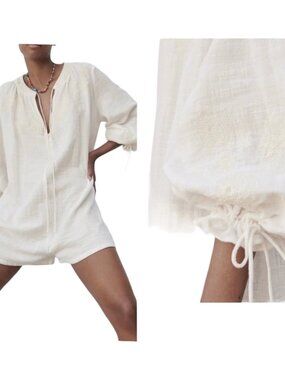 Zara White Cotton Romper Floral Embroidery Oversized Relaxed Fit Summer Size M
